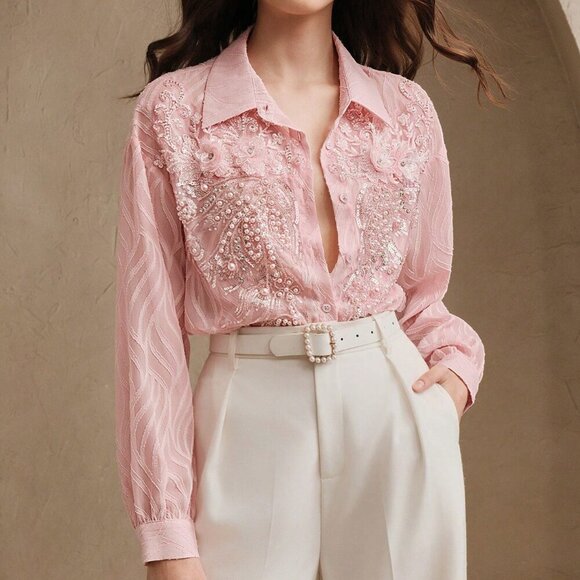 Baby Pink Elegant Women's French Beaded Floral Casual Long Sleeve Sheer Textured - Picture 7 of 8